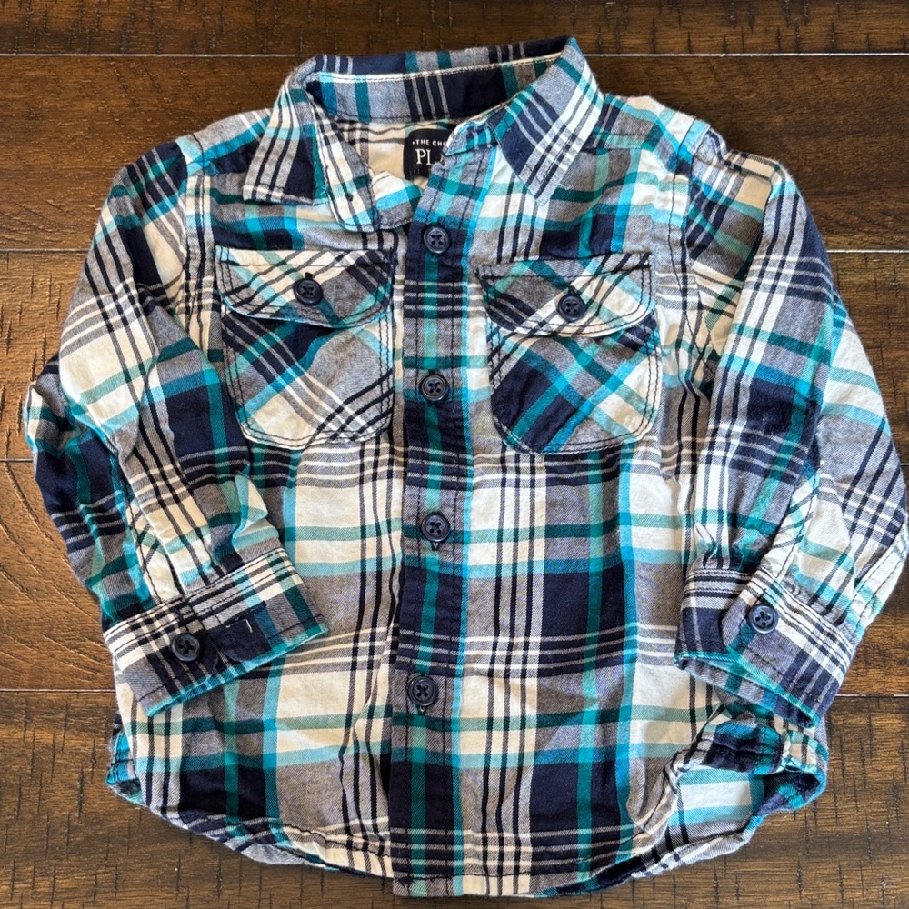 The Children’s Place Flannel Plaid Button-Down Shirt Blue and White 12-18 months